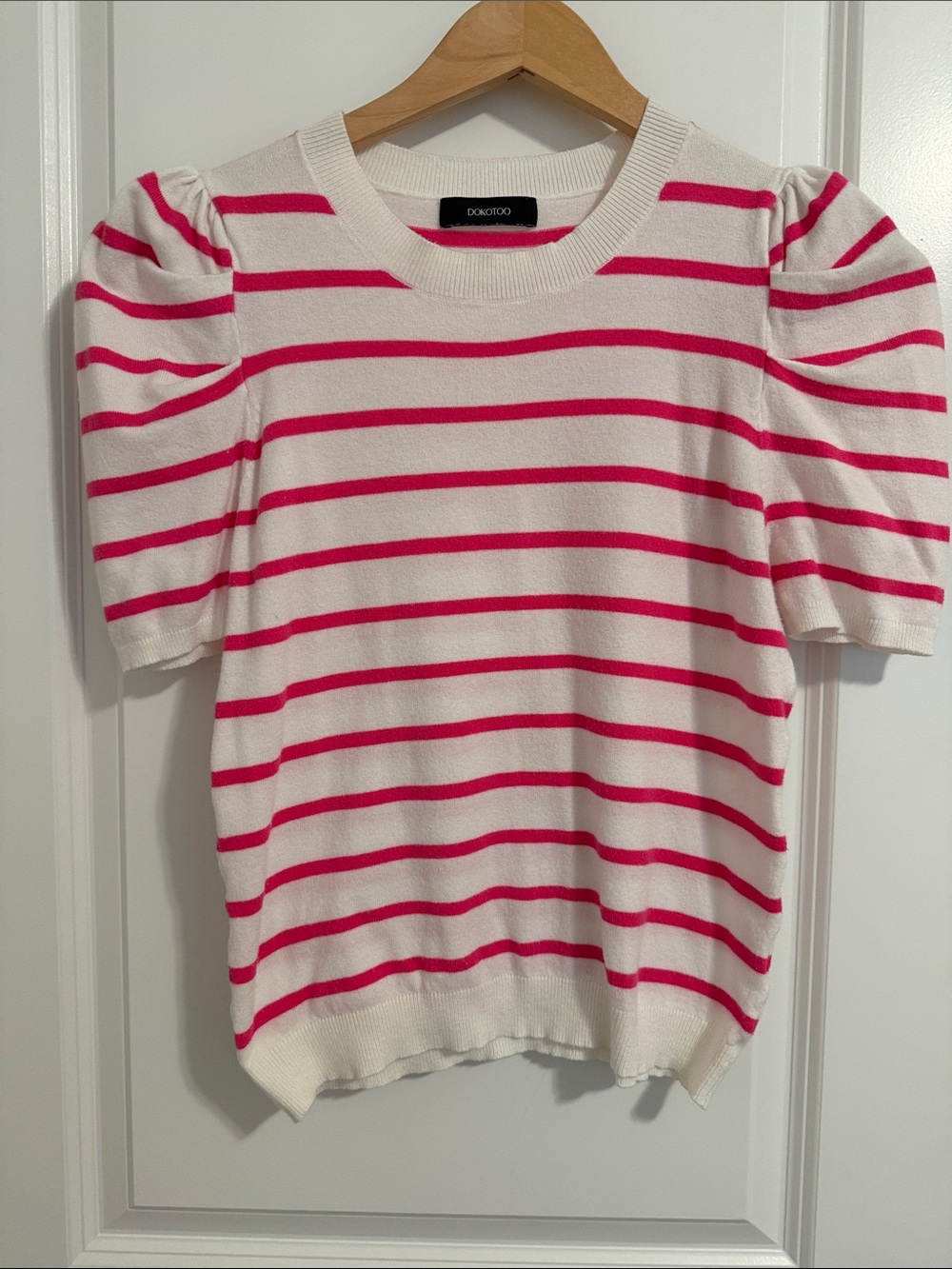 Dondup White & Hot Pink Puff Sleeve Striped Knit Tee